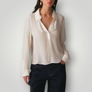 J.Crew Womens Ivory Viscose Blouse L Long Sleeve Split‎ Neck Pullover Top New